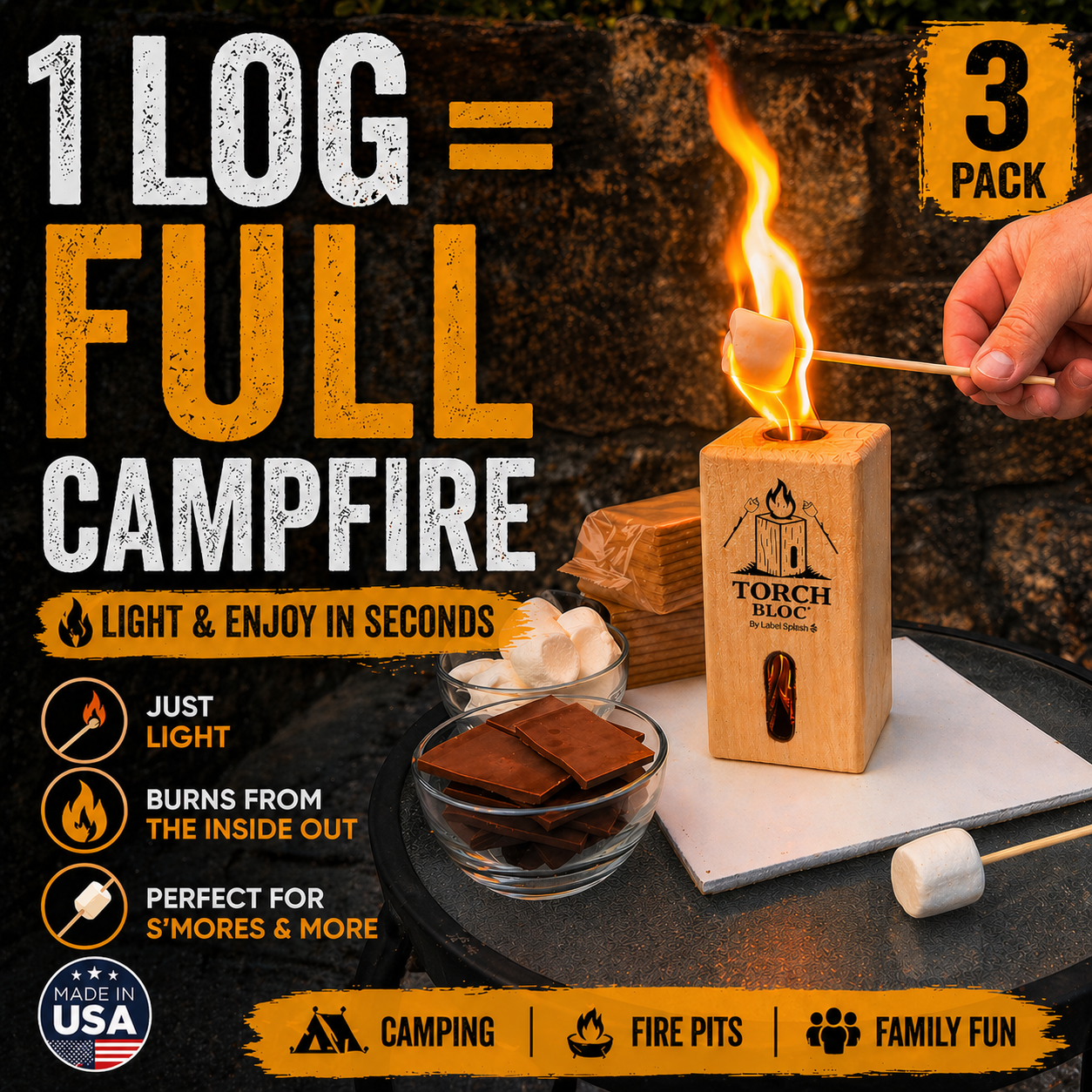 Swedish Torch Fire Log Campfire Logs for S’Mores & Fire Pits, Portable Mini Bonfire for Camping, Backyard, Kiln-Dried Wood, Made in USA
