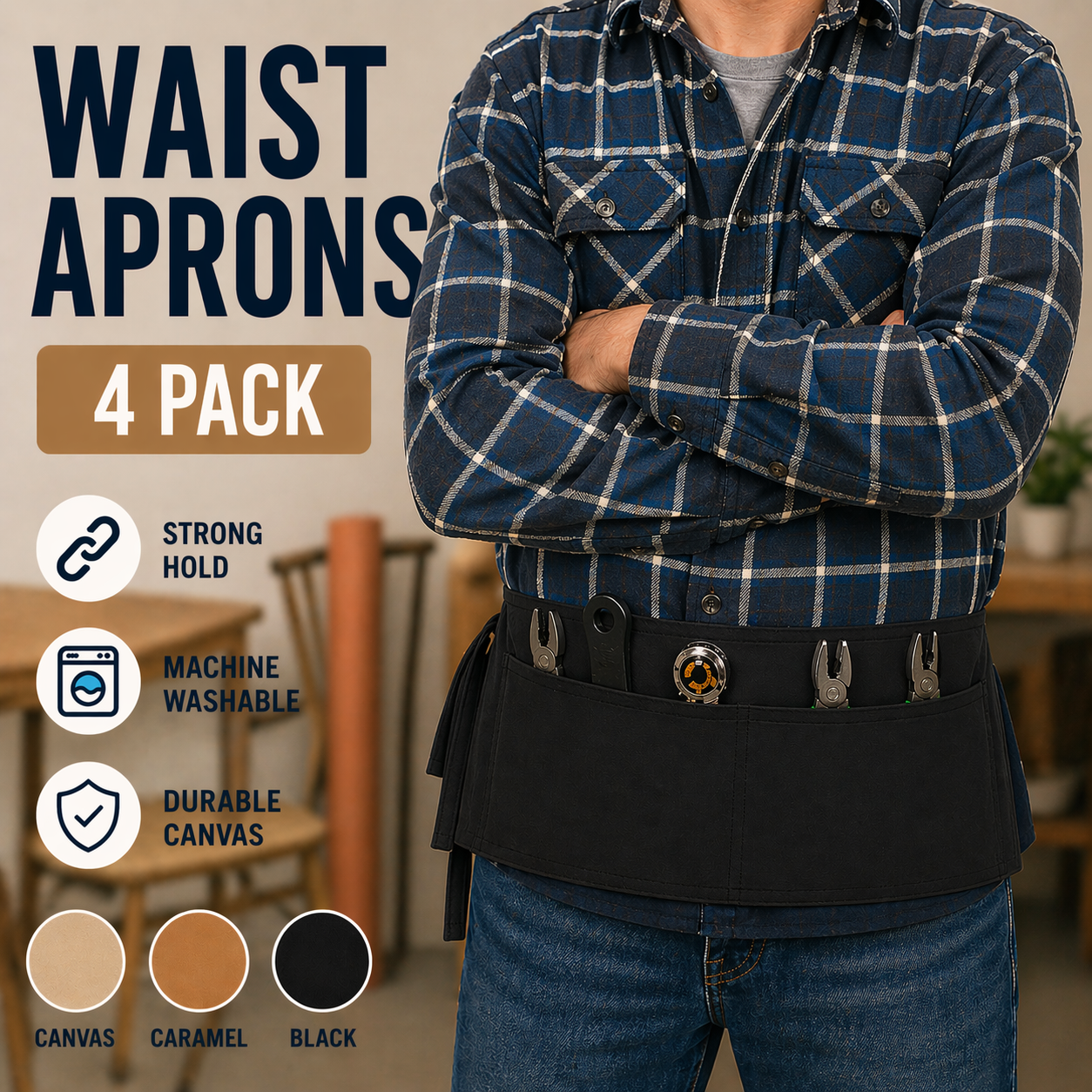 2 Pocket Canvas Waist Apron – 4 Pack | 3 Color Choices – Natural, Black & Caramel