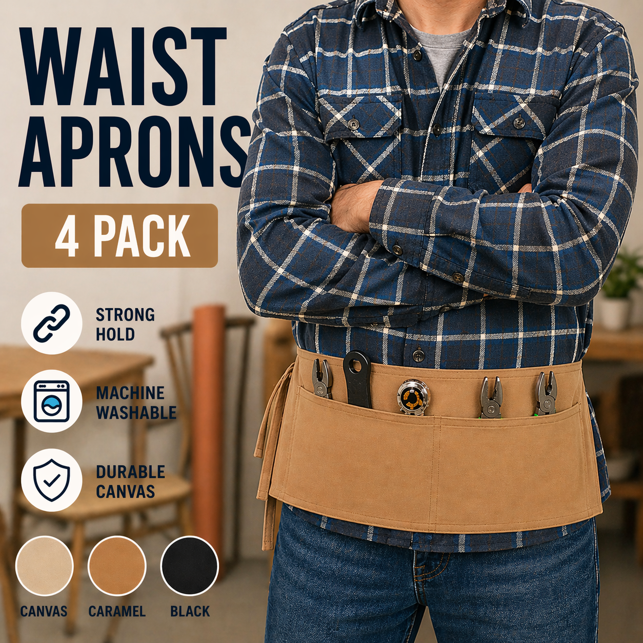2 Pocket Canvas Waist Apron – 4 Pack | 3 Color Choices – Natural, Black & Caramel