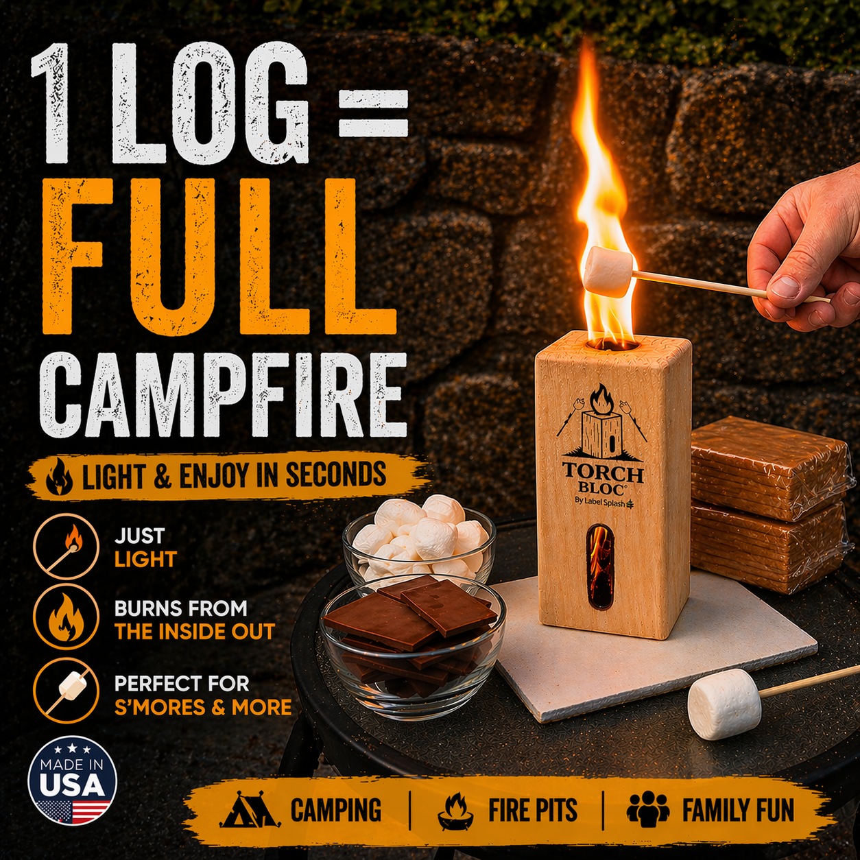Swedish Torch Fire Log Campfire Logs for S’Mores & Fire Pits, Portable Mini Bonfire for Camping, Backyard, Kiln-Dried Wood, Made in USA