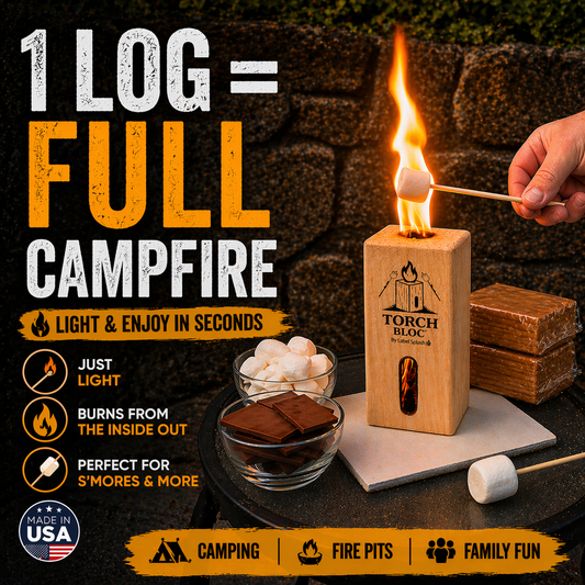 Swedish Fire Log Campfire Logs for S’Mores & Fire Pits, Torch Bloc One Log Fire, Portable Mini Bonfire for Camping, Backyard, Outdoor Cooking, Kiln-Dried Wood, Made in USA
