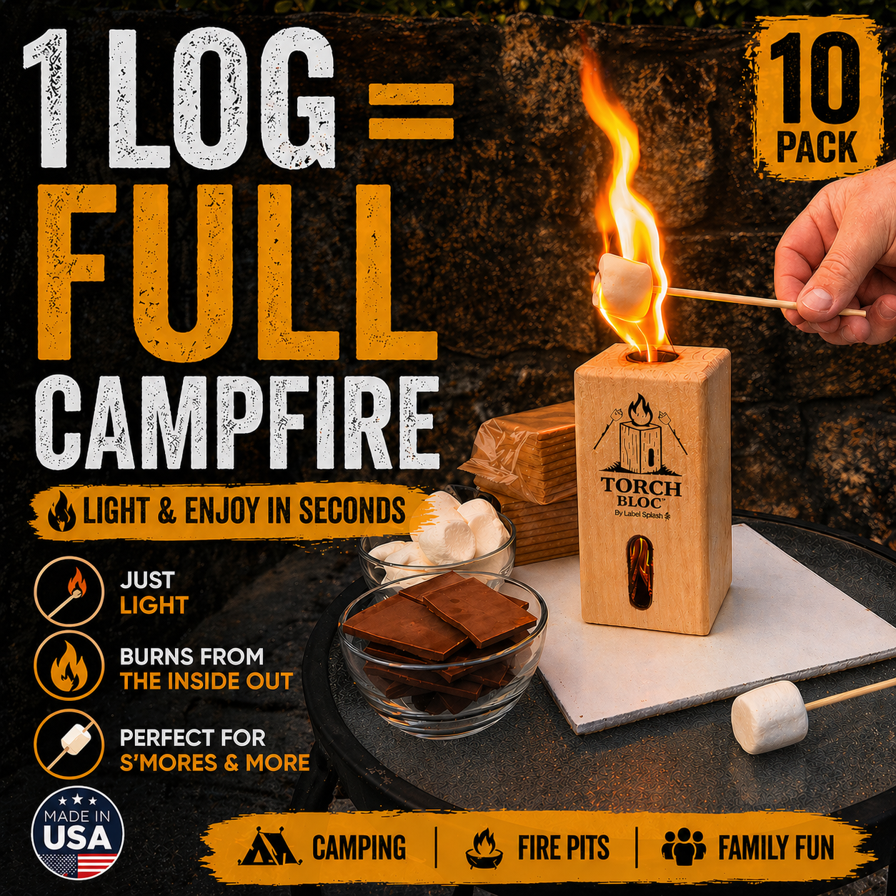 Swedish Torch Fire Log Campfire Logs for S’Mores & Fire Pits, Portable Mini Bonfire for Camping, Backyard, Kiln-Dried Wood, Made in USA