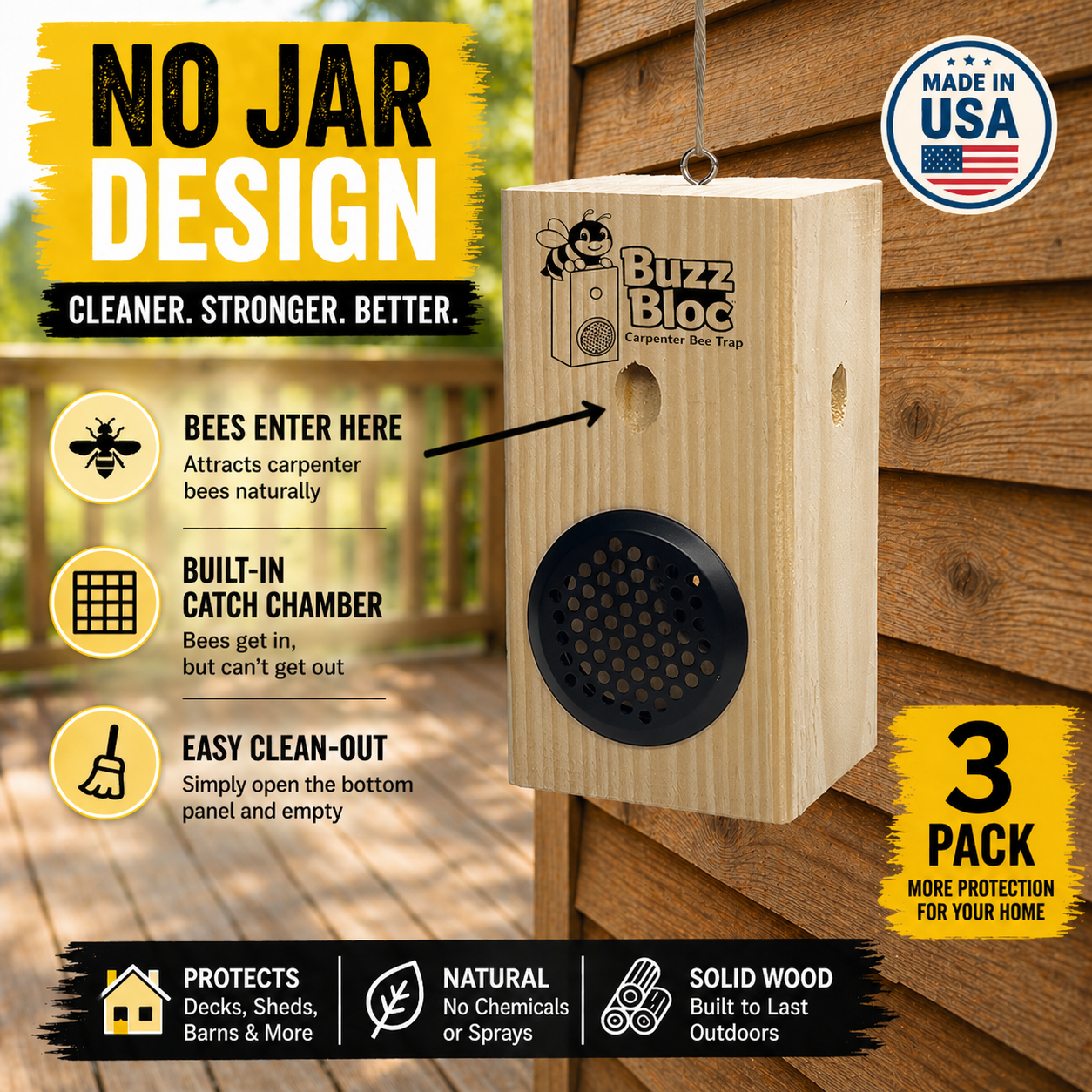 Solid Wood Carpenter Bee Trap – No Jar Bee Trap with Screen Bottom – Hanging or Standing Bee Trap  – Made in USA