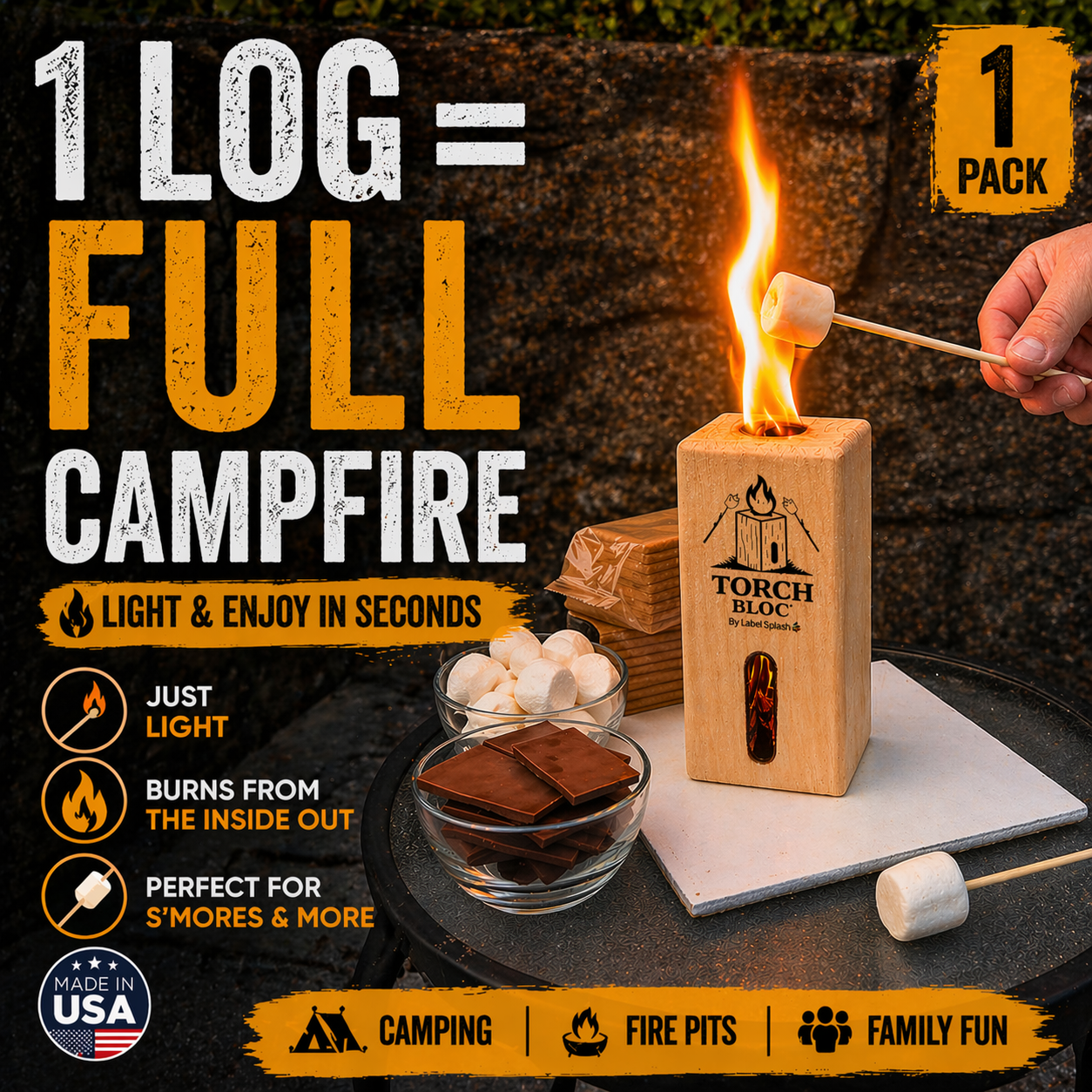 Swedish Torch Fire Log Campfire Logs for S’Mores & Fire Pits, Portable Mini Bonfire for Camping, Backyard, Kiln-Dried Wood, Made in USA