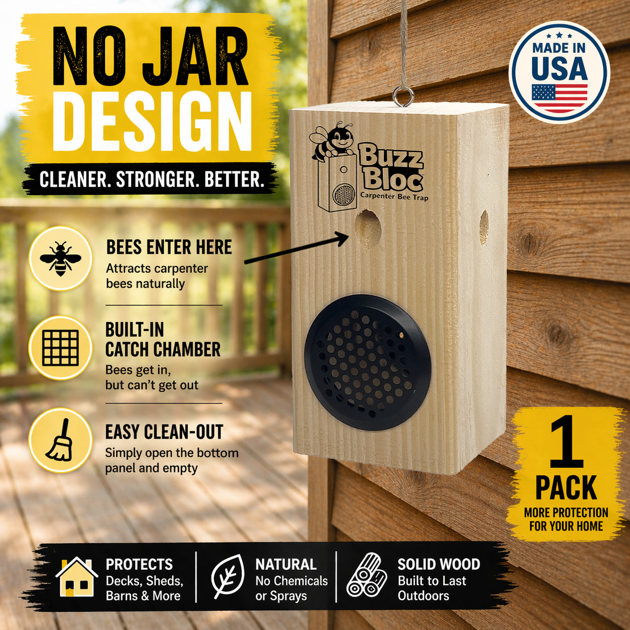 Solid Wood Carpenter Bee Trap – No Jar Bee Trap with Screen Bottom – Hanging or Standing Bee Trap  – Made in USA