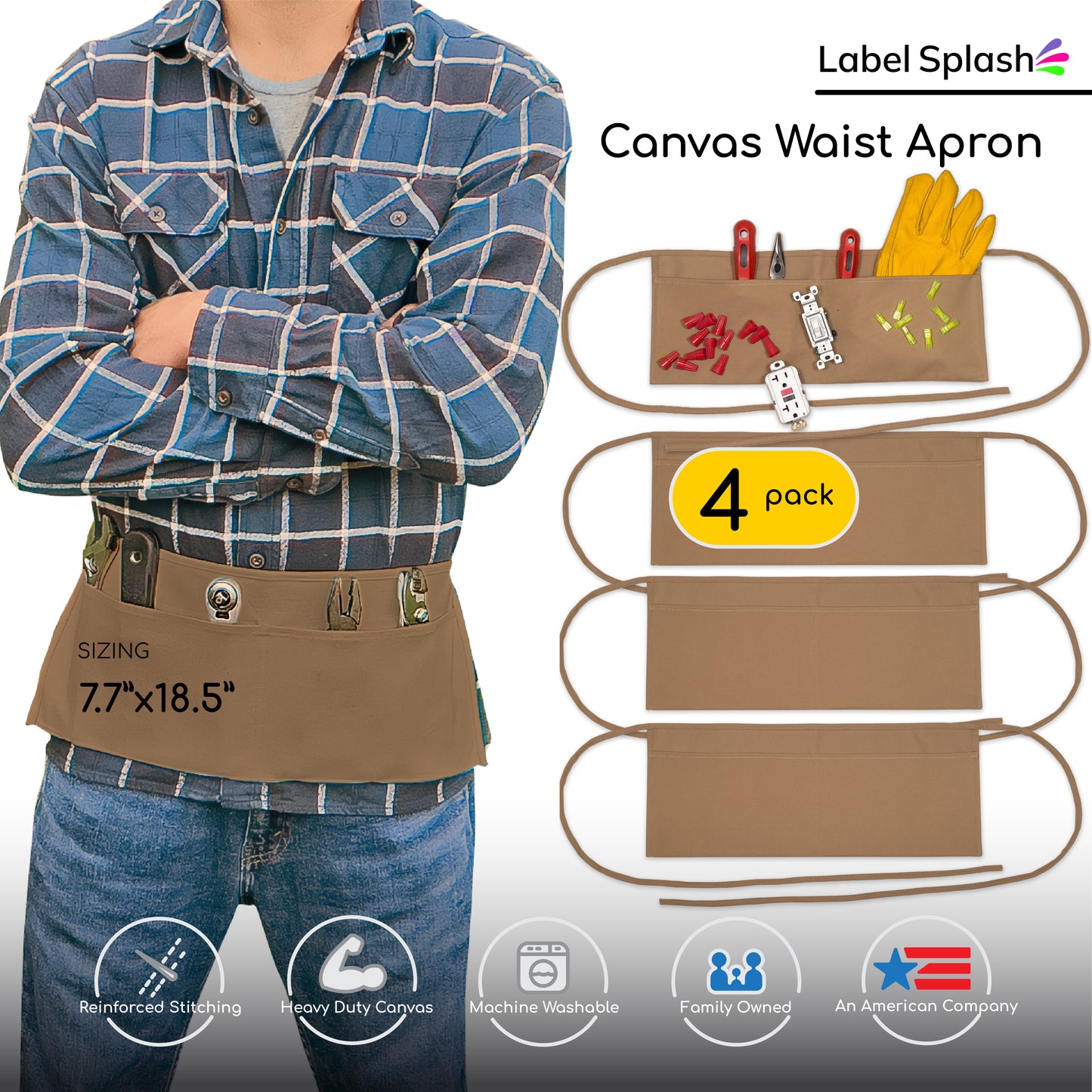 2 Pocket Canvas Waist Apron – 4 Pack | 3 Color Choices – Natural, Black & Caramel