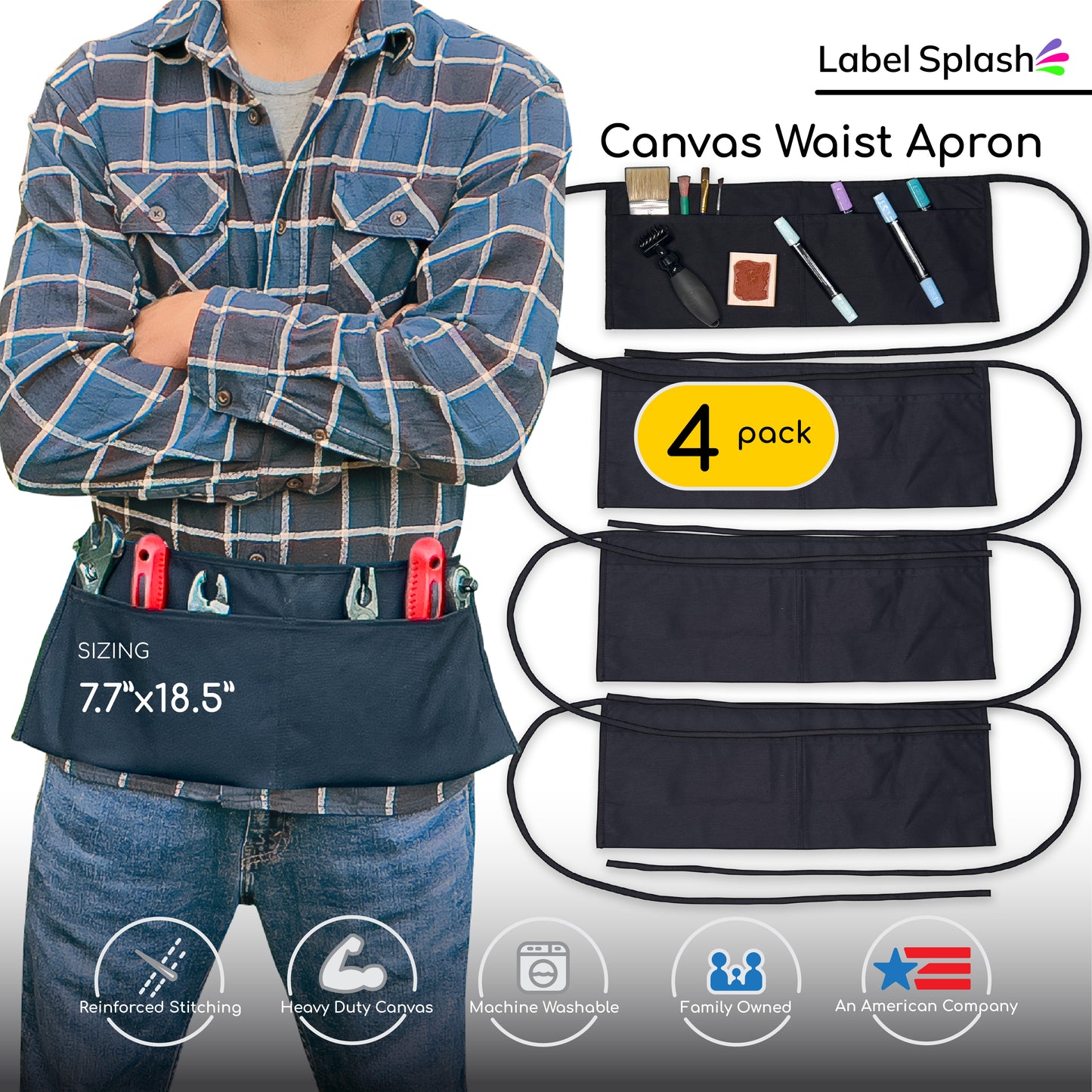 2 Pocket Canvas Waist Apron – 4 Pack | 3 Color Choices – Natural, Black & Caramel