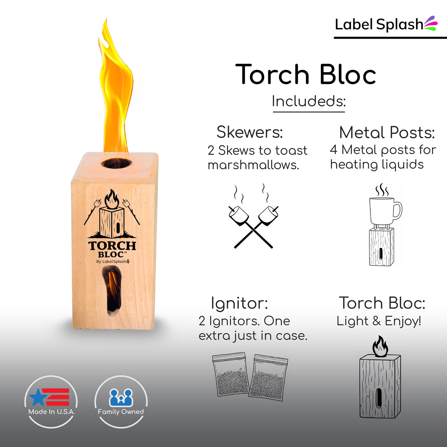 Swedish Torch Fire Log Campfire Logs for S’Mores & Fire Pits, Portable Mini Bonfire for Camping, Backyard, Kiln-Dried Wood, Made in USA