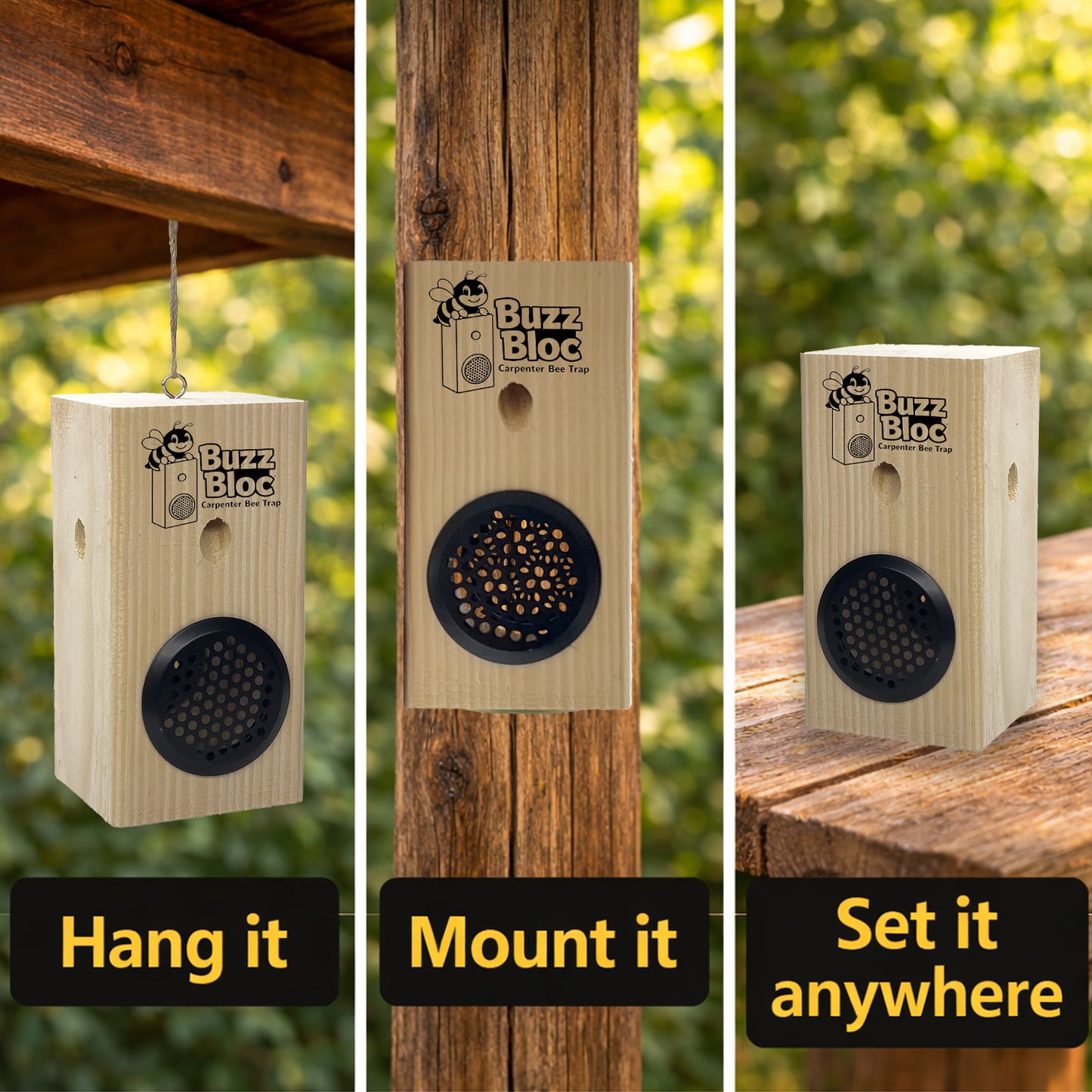 Solid Wood Carpenter Bee Trap – No Jar Bee Trap with Screen Bottom – Hanging or Standing Bee Trap  – Made in USA