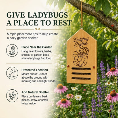 Wooden Ladybug House & Garden Shelter with Nesting Hay – Handmade in USA